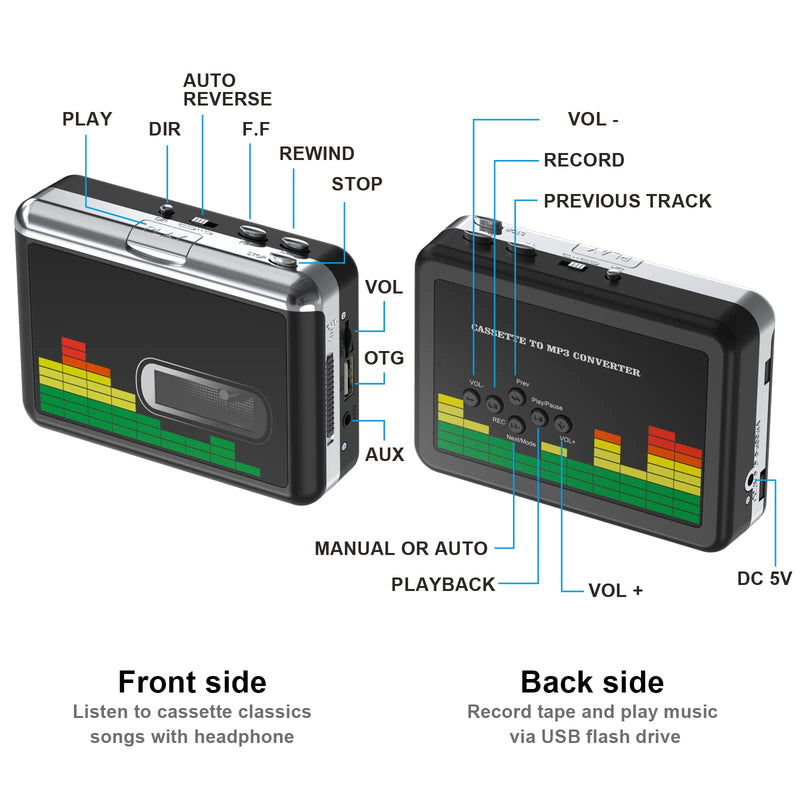 [Australia - AusPower] - DIGITNOW USB Cassette Player, Portable Walkman Stereo Tape to MP3 Converter, Audio Music Recorder to MP3 Digital File Converter with Earphones, No PC Required, Black, BR607 