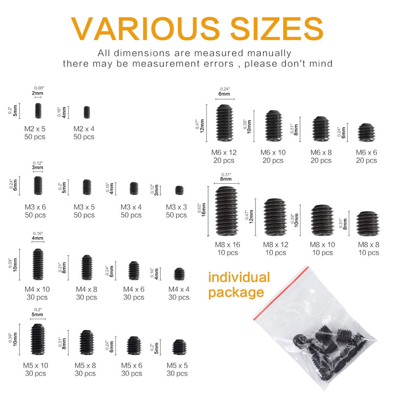 [Australia - AusPower] - 666Pcs Internal Hex Drive Cup-Point Screws Assortment Kit, 22 Sizes M2/3/4/5/6/8 Set Screw Set for Door Handles, Faucet, Light Fixture, 12.9 Class Alloy Steel (Black) 666 pcs 
