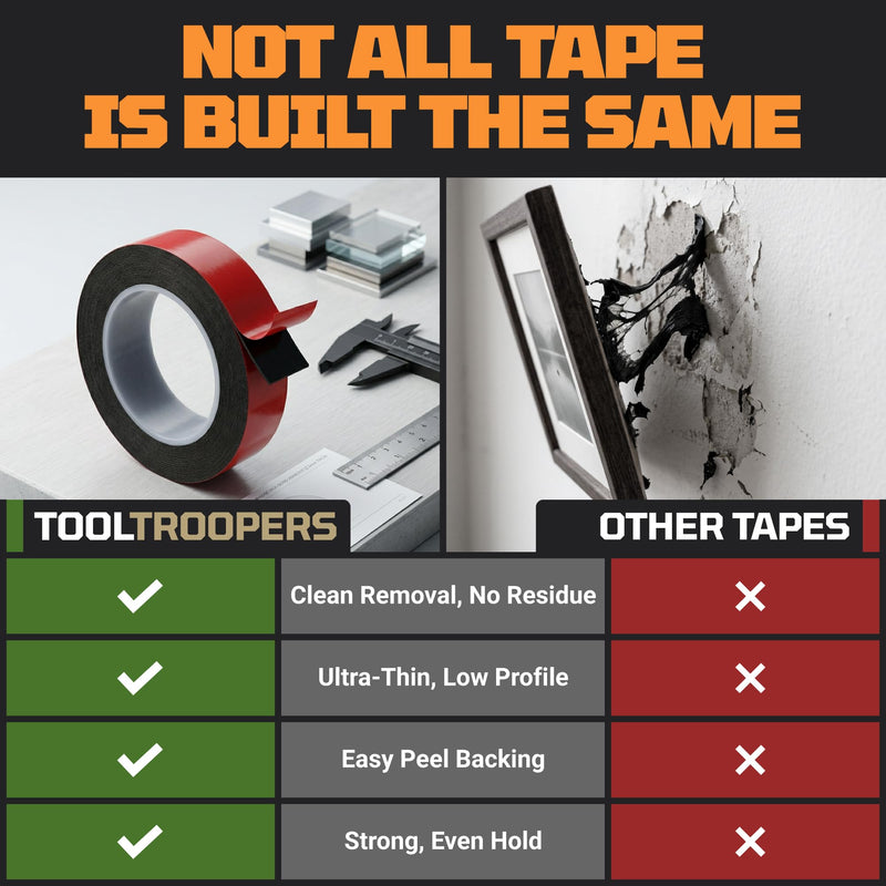 TOOLTROOPERS Wall-Safe Double-Sided Mounting Tape - Heavy-Duty 2-Sided Adhesive Tape - Damage-Free Removal, No Residue - Easy-Peel Liner for Home, Office, DIY, Posters & Signs – 16.4 ft Roll (Black)