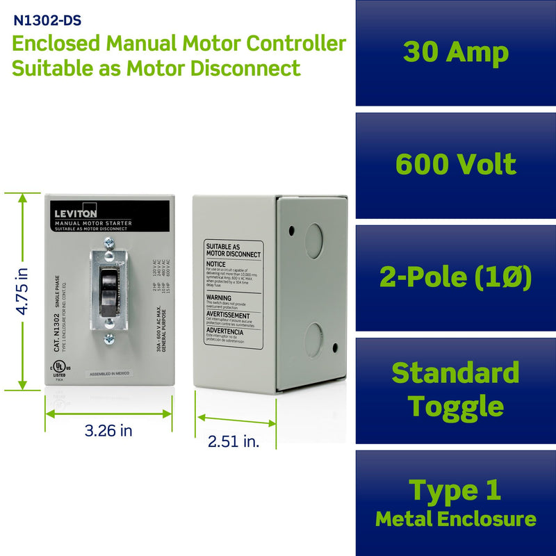 Leviton 30 Amp, 600 Volt, Toggle In Type 1 Enclosure Double-Pole AC Motor Starter, Suitable as Motor Disconnect, Industrial Grade, Grounded, N1302-DS, Gray