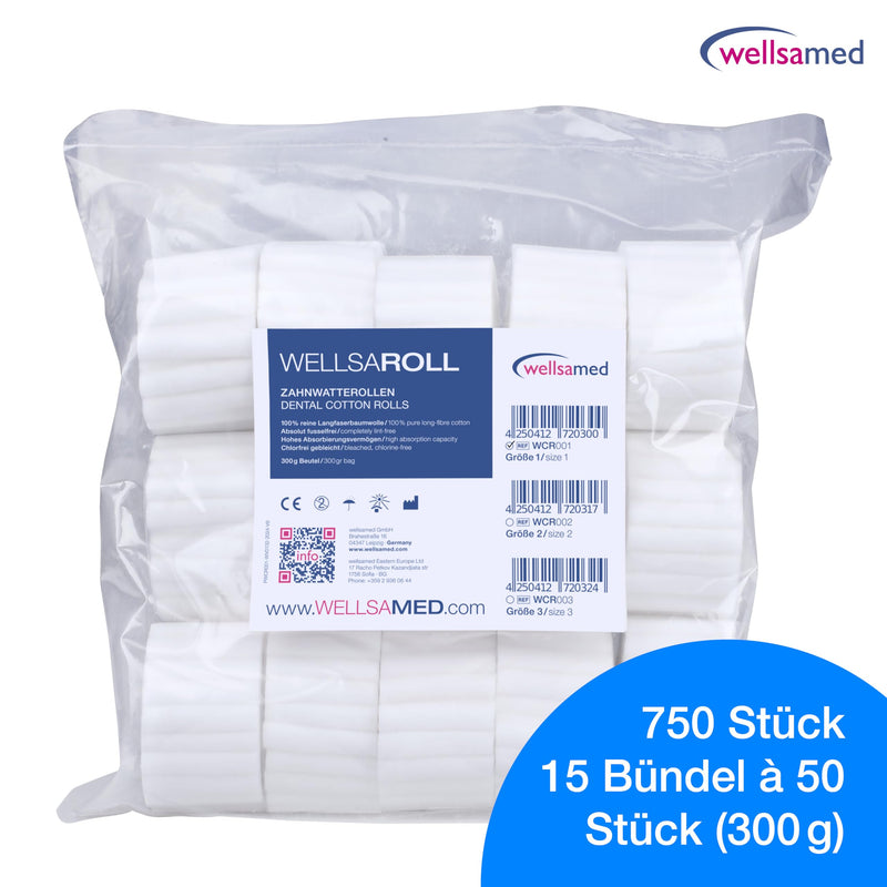 wellsamed wellsaroll Toothed Cotton Rolls Size 1 (8 mm), 300 g Dental Cotton Rolls, 100% Cotton Cotton Rolls Bright White