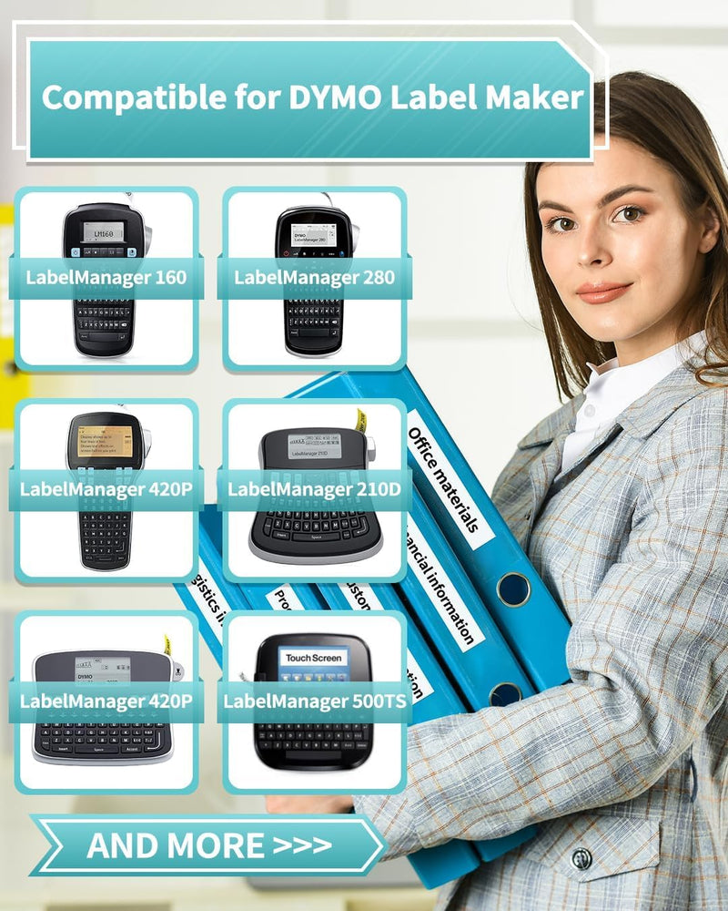 Vixic Compatible with Dymo D1 Label Maker Refills 45013 S0720530, Black on White,1/2 Inch x 23 Feet, for DYMO LabelManager 160 280 210D 360D 420P Label Maker, LM1600 D1600 Label Tape, 10 Pack