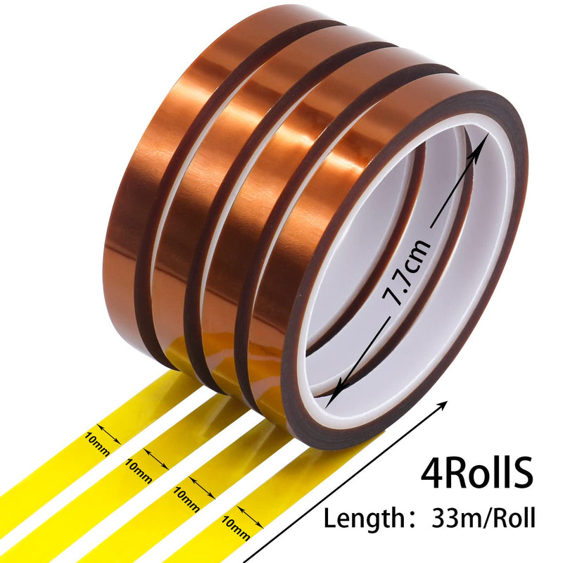 [Australia - AusPower] - 4 Rolls 10mm x 33m (108ft) Heat Resistant Transfer Tape for Sublimation, Perfect for Heat Press, 3D Printer, Soldering, and PCB Boards No Residue 