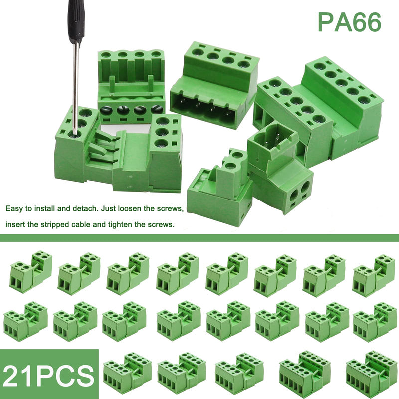 [Australia - AusPower] - Tnisesm 21Pcs Screw Terminal Block Connector Kit 5.08mm Pitch Pluggable (2Pin 3Pin 4Pin 5Pin) 300V 15A for 28-12AWG Cable 