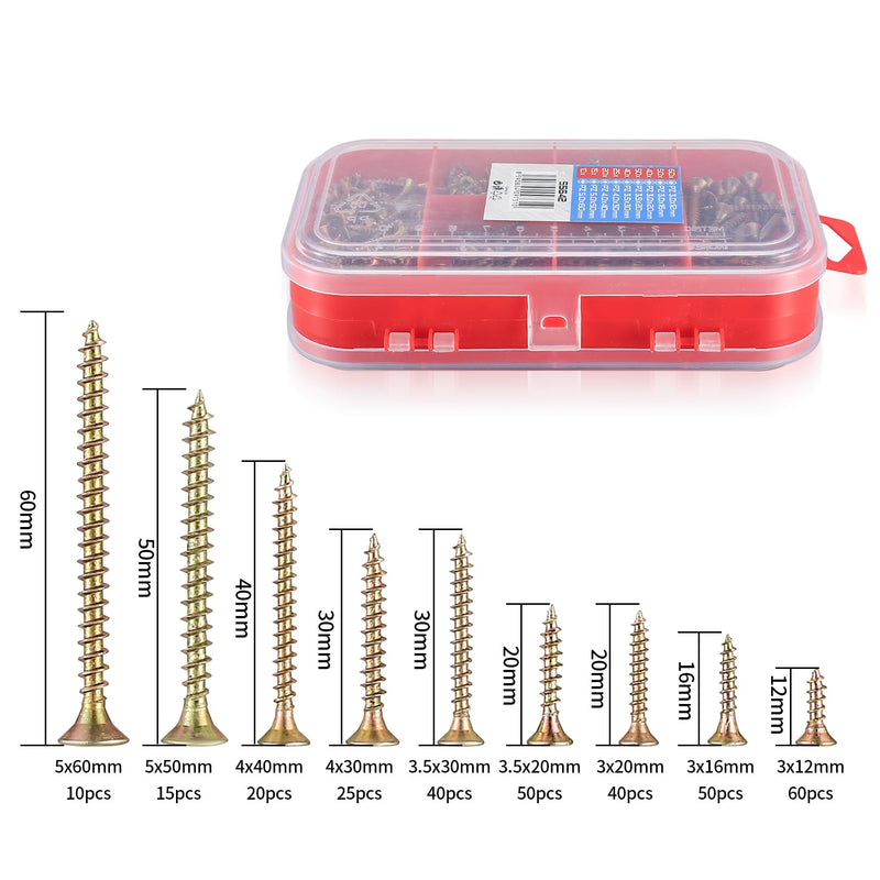 310 Pcs Wood Screws Assortment Kit, Flat Head Self Tapping Wood Screws, Drywall Cabinet Screws Fasteners with Bugle Head for Drywall, Ceiling, Wood - M3/M3.5/M4/M5 (310) 310