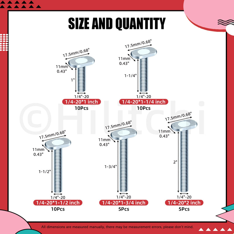 [Australia - AusPower] - Hilitchi 40Pcs 5Sizes Tee Bolt Set 1/4"-20 T Bolts T Track Bolts Jig Bolts T Bolt Set T Slot Bolts T Slot Drop-in Sliding Bolts Long T Slot Bolts for Woodworking Jigs 