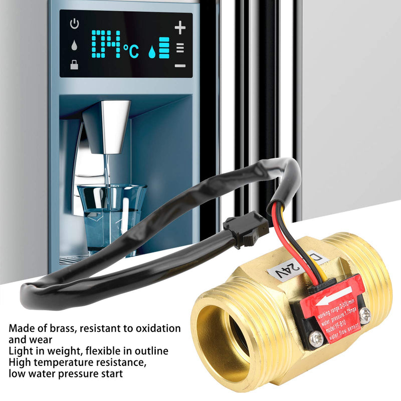 [Australia - AusPower] - Eujgoov Water Flow Meter with Counter YF-B10 Brass G1 Male Thread Hall Effect Liquid Flow Sensor for Water Heaters DC24V 2-50L/Min 