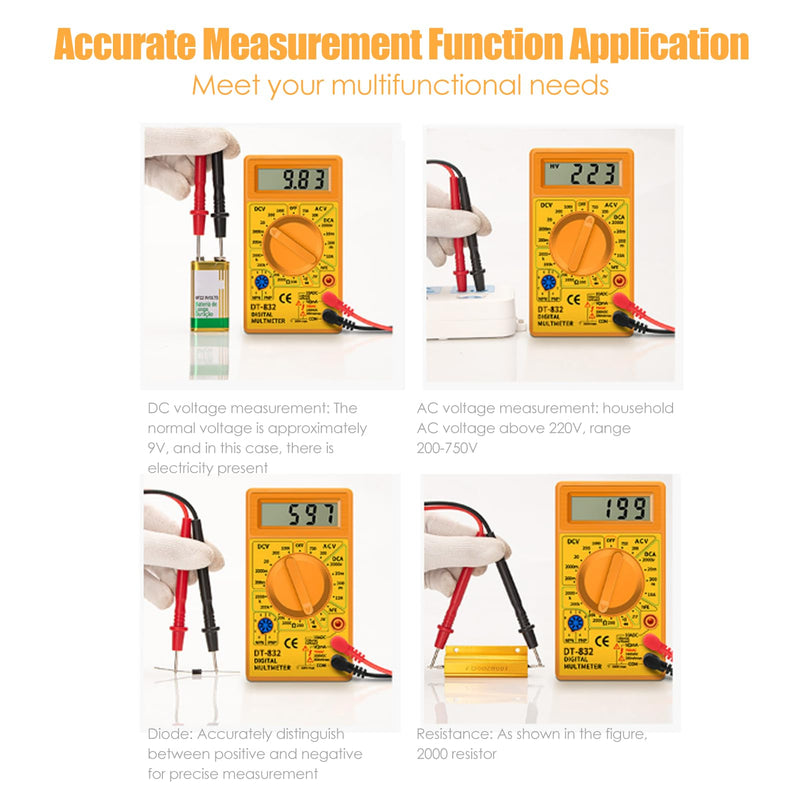 [Australia - AusPower] - DT832 Digital Multimeter Multi Tester Handheld Multimeter Mini Pocket Digital AC/DC Voltage Current Tester with Buzzer LCD Multi-Meter (Yellow) Yellow 