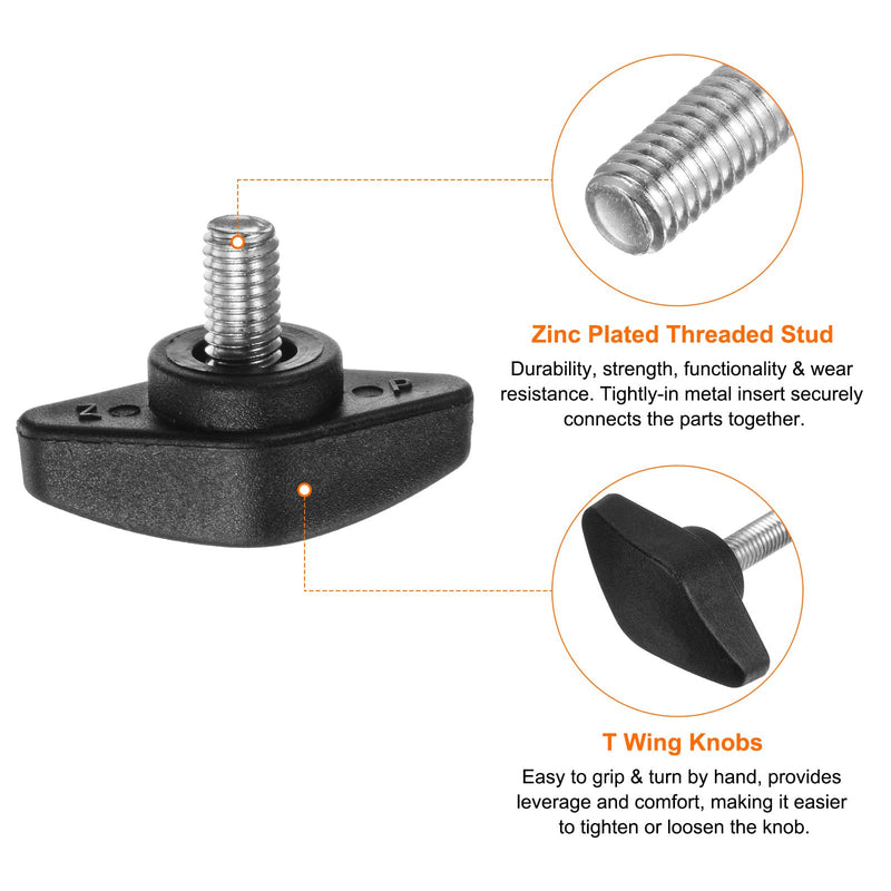 [Australia - AusPower] - 4pcs Tee Wing Knobs Thumb Screws M6 x 8mm Standard Male Thread Plastic T Knobs Handles Hand Clamping Knobs Grip Thumbscrew, Black 