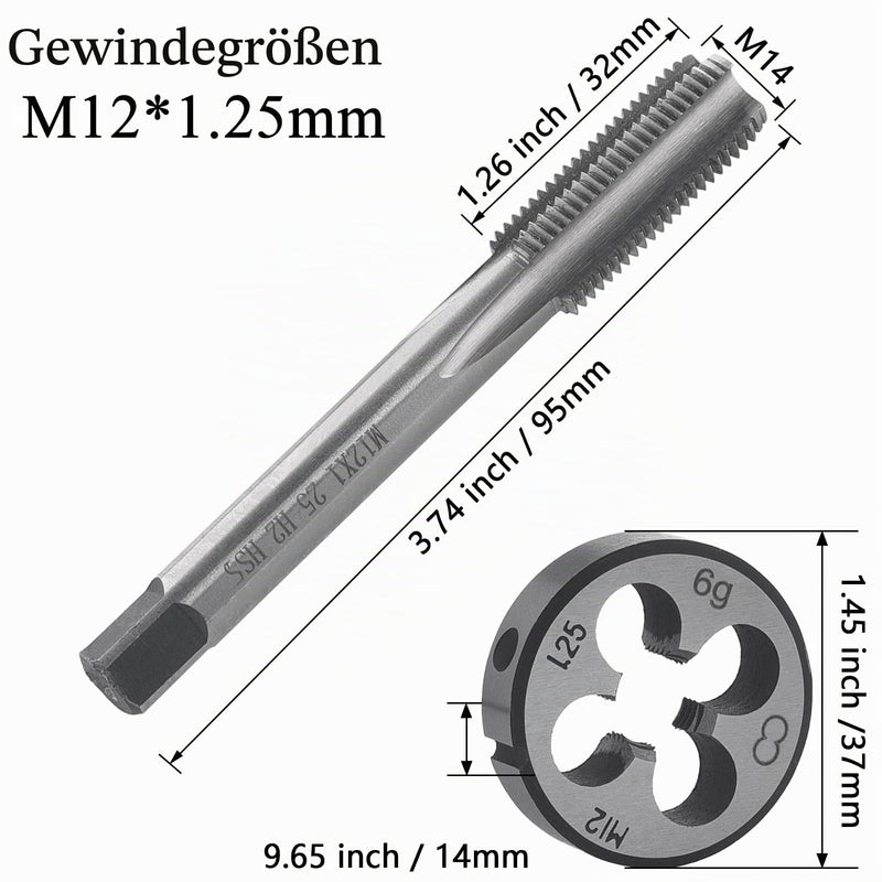 Tap and Die Set M12 x 1.25 mm | Right hand thread fine thread cutter, straight ribbed thread cutter metric for thread repair M12*1.25mm
