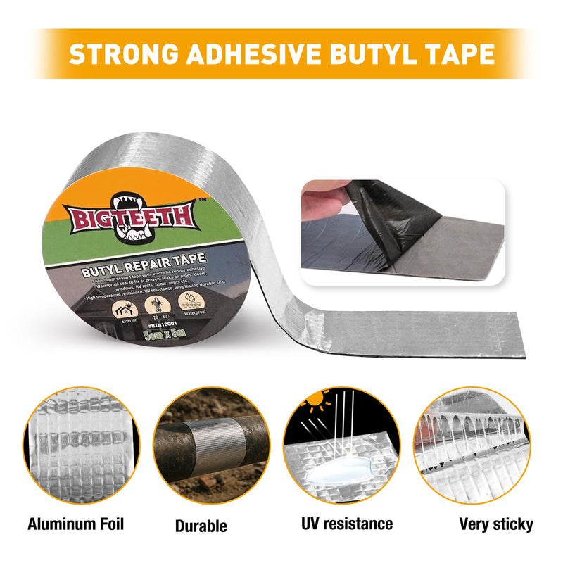 BIGTEETH Aluminum Waterproof Butyl Repair Tape - 2 inch x 16 feet for Pipes, Doors, Windows, RV Roofs, Boats, Vents, etc