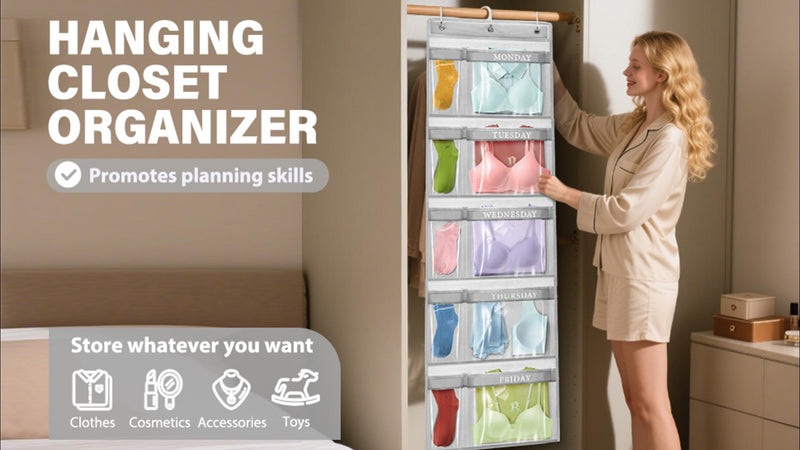 Weekly Kids Clothes Organizer Day of Week School Clothing Storage Monday to Friday Hanging Closet Organizer (2) (Gray 2pcs) Gray 2pcs