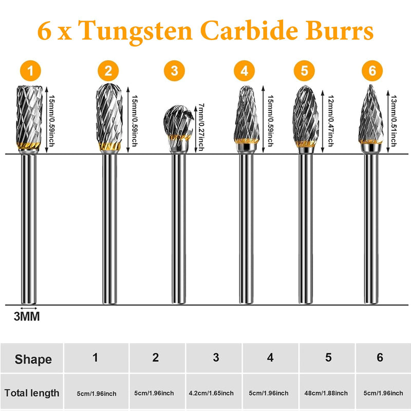 [Australia - AusPower] - 6 Piece Carbide Burr Set, Tungsten Carbide Cutter 6 mm Shank, Carbide Burr with Double Cut for Dremel, with 1/8 Inch Shank, for Grinder, Carving, Metal Polishing, Engraving, Drilling 