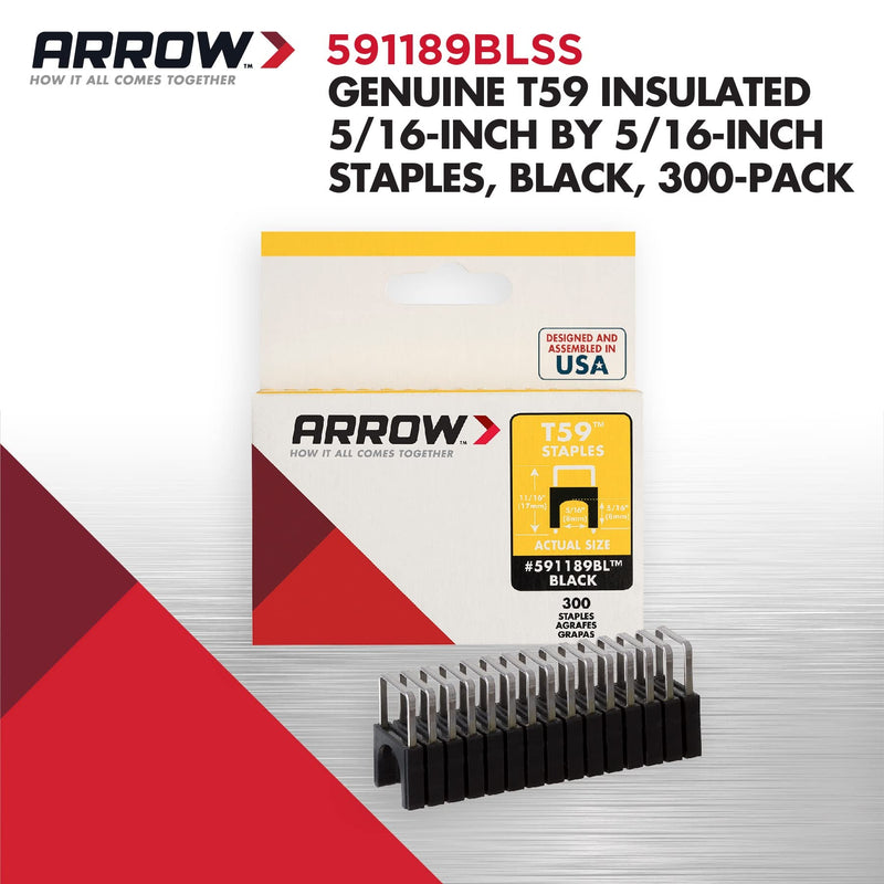 [Australia - AusPower] - Arrow 591189BLSS Genuine T59 Stainless Steel 5/16-Inch Leg Length by 5/16-Inch Crown Width Insulated Staples for Cable and Wiring, Black, 300 Count Hardware Staple 
