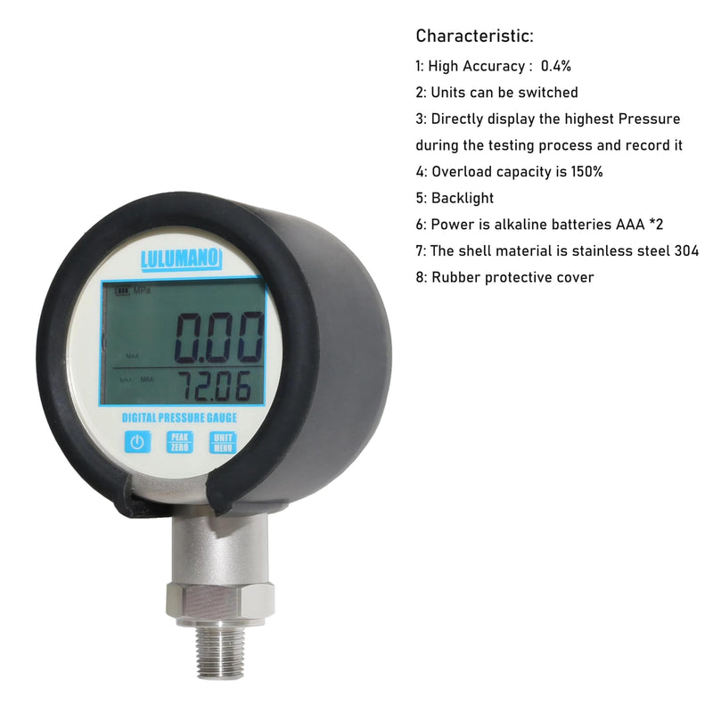 [Australia - AusPower] - LULUW 2.5" Dial Size, Digital Pressure Gauge,Digital Pressure Sensor,0-10000psi/bar/Mpa, 1/4" NPT Base Mount, 0.5% Accuracy (-15-+15PSI) -15-+15PSI 