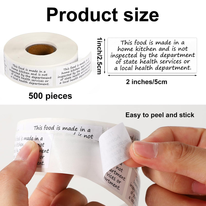 500pcs Cottage Food Law Labels Stickers, 2x1in Square Thermal Printed Adhesive Baked Bread Jam Jar Labels Made in Home Kitchen Baking Inspection Statement for Homemade Bakery Food Packaging