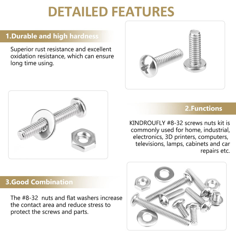 [Australia - AusPower] - 202 Pieces #8-32x 1/4", 5/16", 3/8", 1/2", 5/8", 3/4", 1", 1-1/4", Phillips Pan Head Machine Screws Nuts Washers Assortment Kit, 304 Stainless Steel, Fully Machine Thread #8-32 