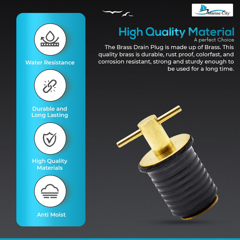 MARINE CITY Brass Drain Plug with Neoprene Seal – Rust-Proof, Corrosion-Resistant, Ideal for Boats, Yachts, Kayaks 1” Drain Plug