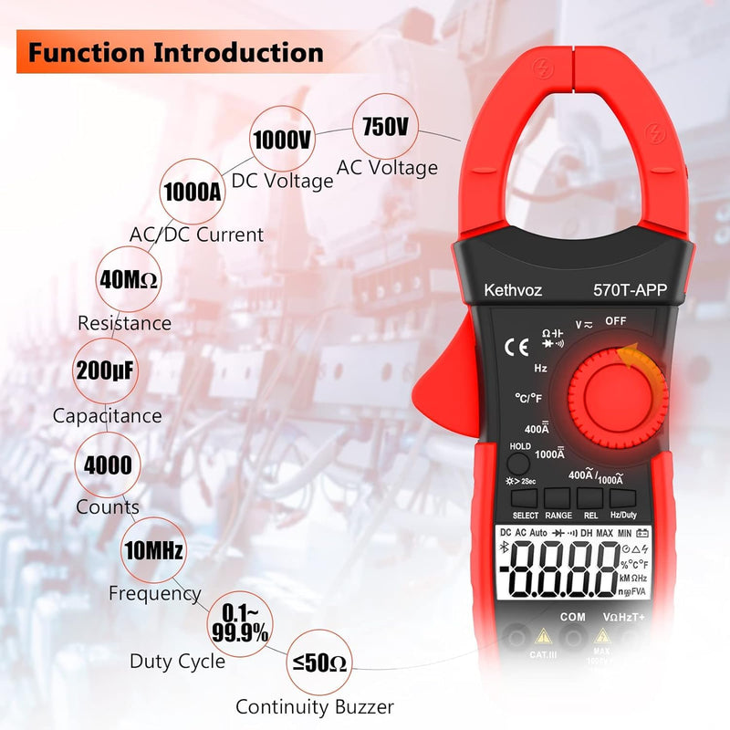 [Australia - AusPower] - 570T-APP Digital Clamp Meter, 4000 Counts Bluetooth Multimeter, 1000A AC/DC Amp Voltage Tester, Measures Ohms, Capacitance, Frequency, Temperature, Diode, Continuity Test with Data Logging 