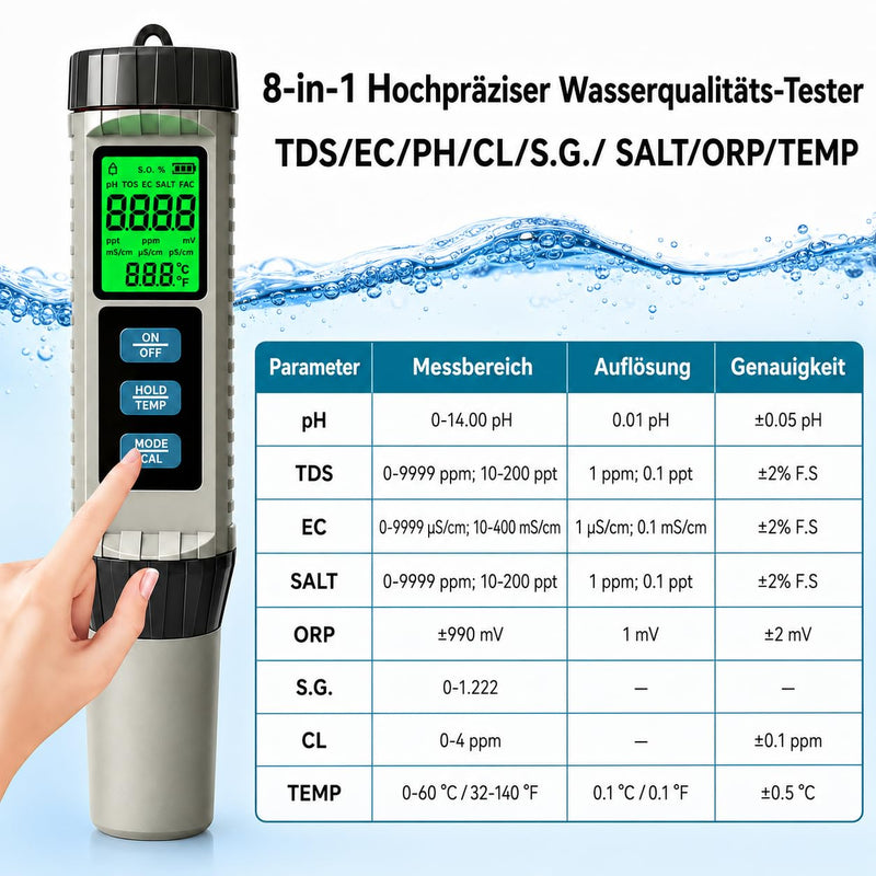 8-in-1 PH Meter Water, Pool Chlorine Meter, Digital Water Quality Tester for pH, TDS, EC, Salinity, S.G., Chlorine, ORP and Temperature, for Swimming Pool, Aquarium, Hot Tub, Drinking Water