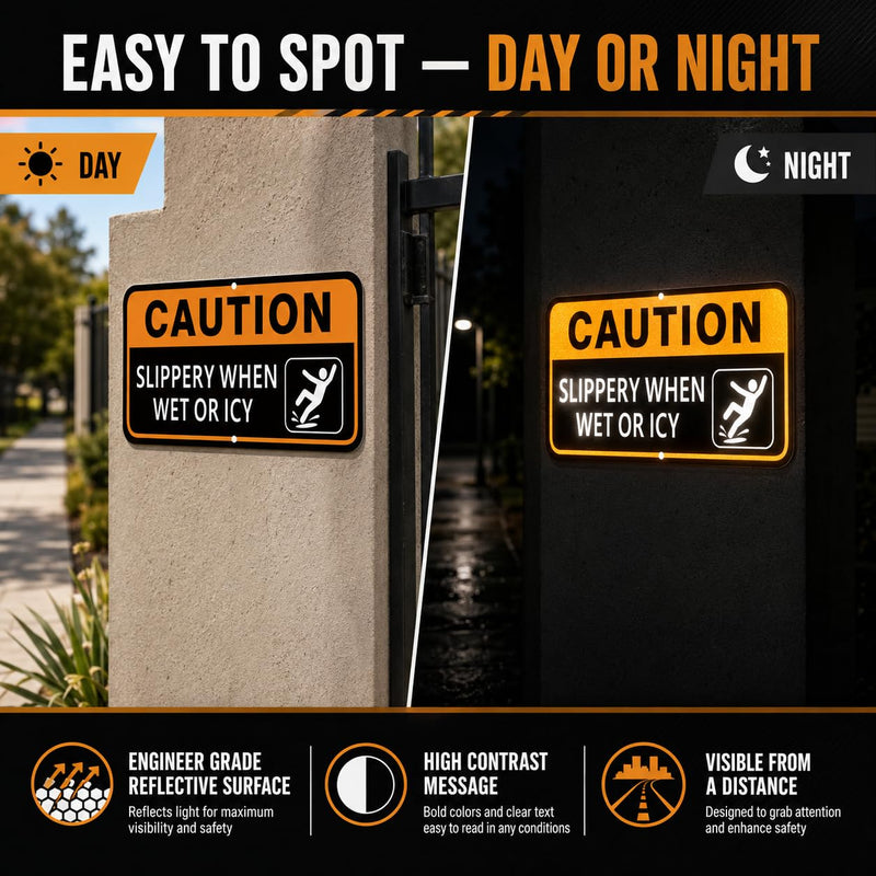 2 Pack Caution Slippery When Wet or Icy Sign, 12 x 6 Inch Reflective Aluminum Safety Warning Sign, UV Protected, Weather Resistant, Easy to Mount