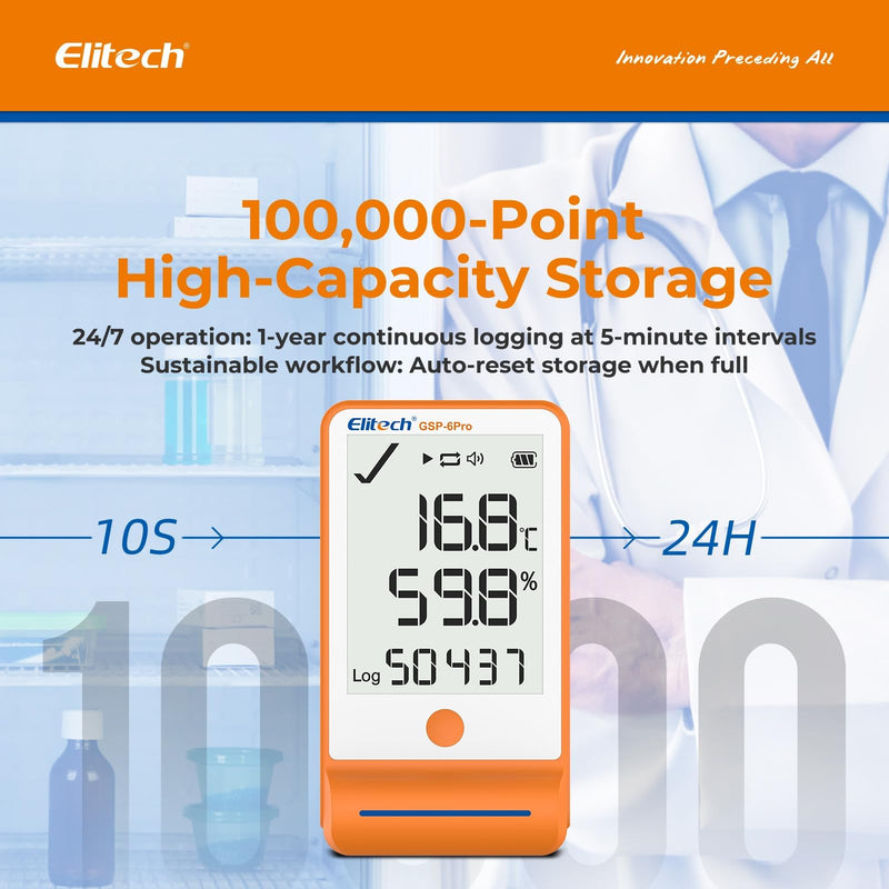 Elitech GSP-6 Pro-TE+THE Temperature Data Logger, Temperature and Humidity Data Logger, Large Storage Capacity, External Sensor, Alarm Function, Free Data Export Software Temperature logger GSP6 Pro latest