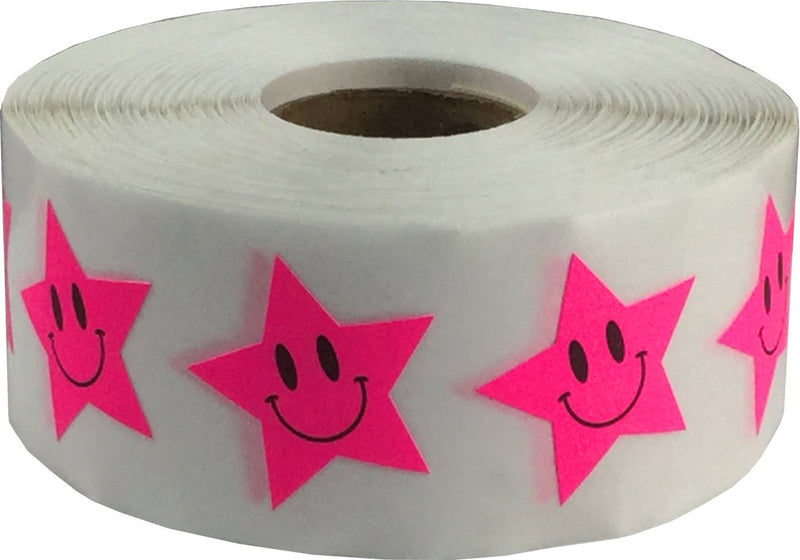 Fluorescent Pink Happy Face Star Stickers, 1 Inch Star Shaped Adhesive Labels, 500 Total Reward Stickers on a Roll for Teachers, Classrooms, Motivation, Charts, and Incentives – Made in the USA Fluorescent Pink