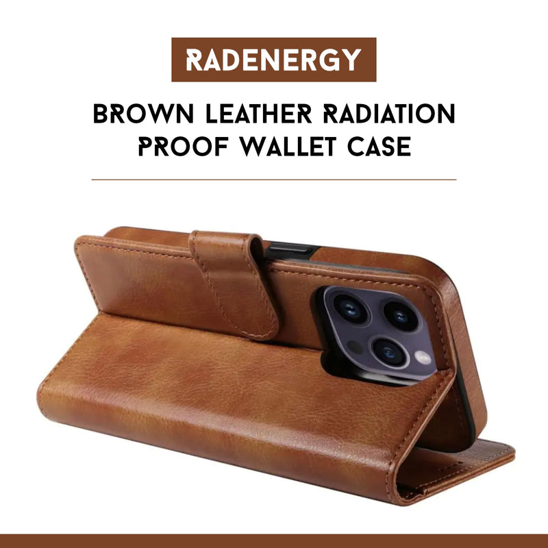 EMF Protection Anti Radiation Leather Flip Folio Case for iPhone, Genuine Leather Wallet Case/Cover with Card Holder & Stand Function Brown for iPhone 13 Pro