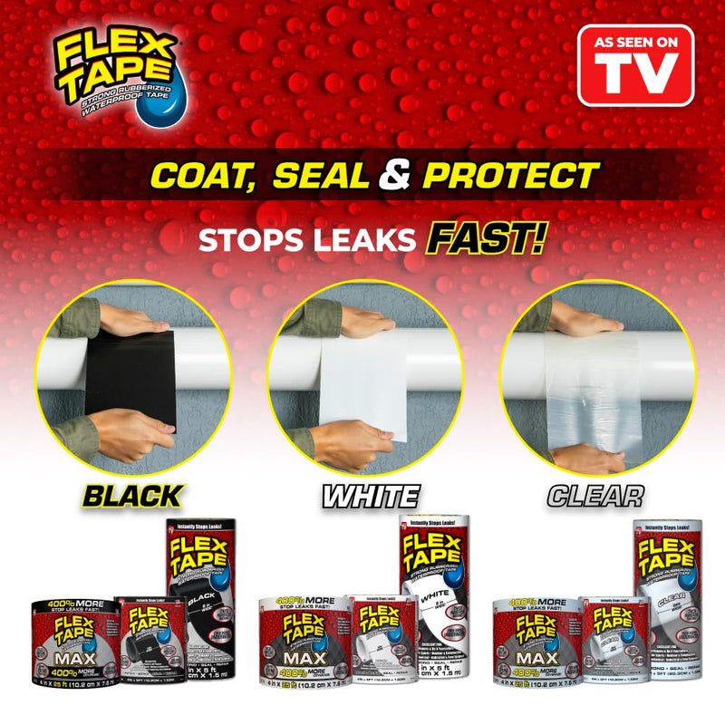 Flex Tape, MAX, Original Thick Flexible Rubberized Waterproof Tape - Seal and Patch Leaks, Works Underwater, Indoor Outdoor - Home RV Roof and Pool Repairs, Black, 4 in x 25 ft, Pack of 1