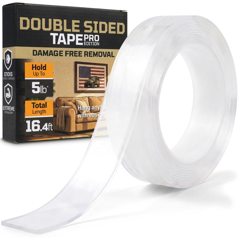 TOOLTROOPERS Wall-Safe Double-Sided Mounting Tape - Heavy-Duty 2-Sided Adhesive Tape - Damage-Free Removal, No Residue - Easy-Peel Liner for Home, Office, DIY, Posters & Signs – 16.4 ft Roll (Clear)