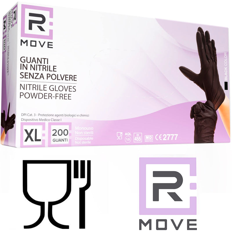 R MOVE Pack of 200 Disposable Gloves, Black, XL Nitrile Gloves, Rubber Gloves, Disposable Medical Examination Gloves, Powder-Free (200, Black, XL) Waist XL