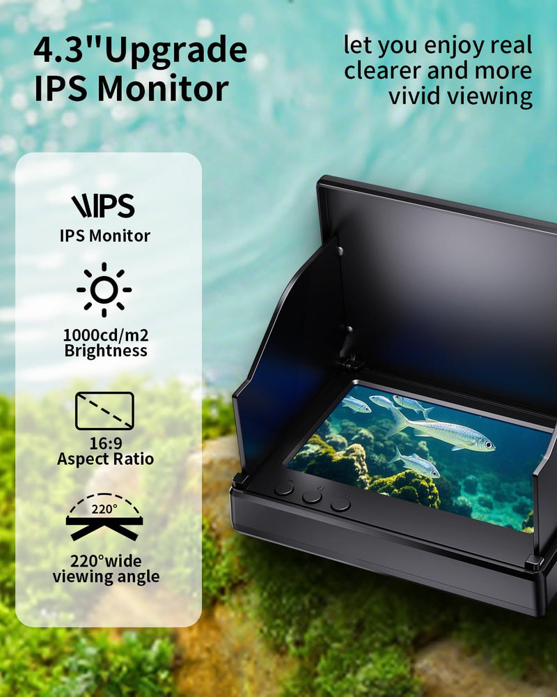 FOURQ Auto Reel Underwater Fishing Camera, 4.3" HD Monitor Fish Finder with 100ft Cable, 4 IR Night Vision Lights & 5000mAh Battery, Portable Video Camera for Ice, Kayak, Boat & Saltwater Fishing