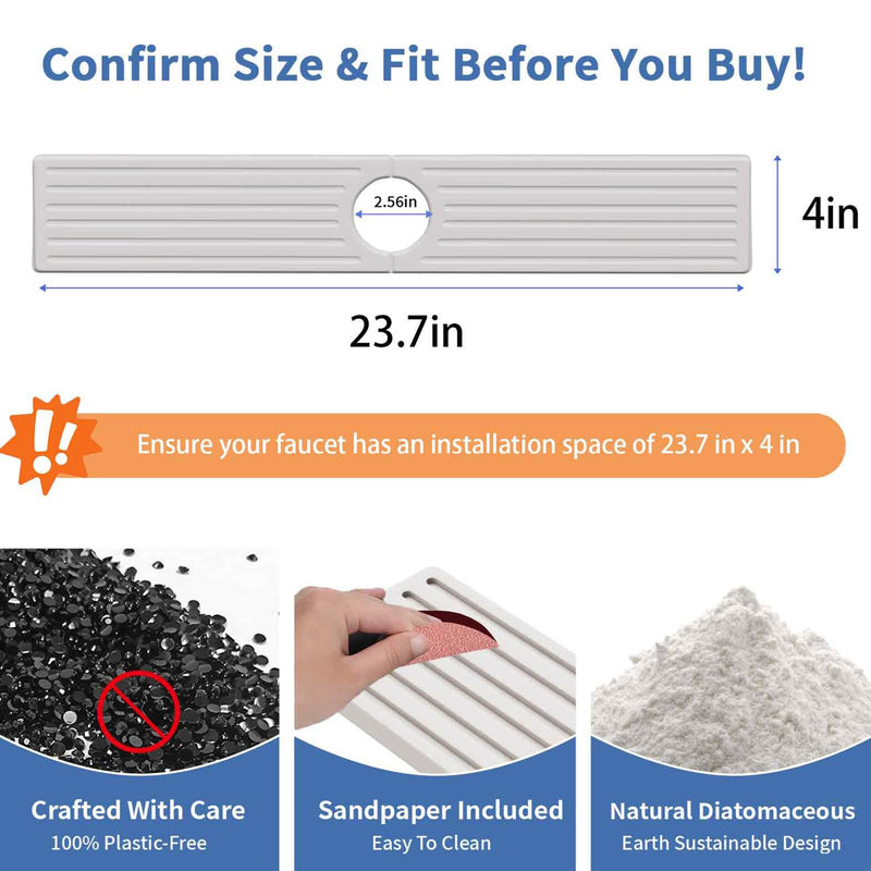 Kitchen Faucet Mat, Diatomite Sink Faucet Mat Splash Guard for Kitchen, Water Absorbing Stone Tray for Sink, Quick Drying Faucet Mat for Kitchen Sink, Absorbent Stone Drying Tray for Bathroom Counter 23.7" x 4" White Gray Style 1