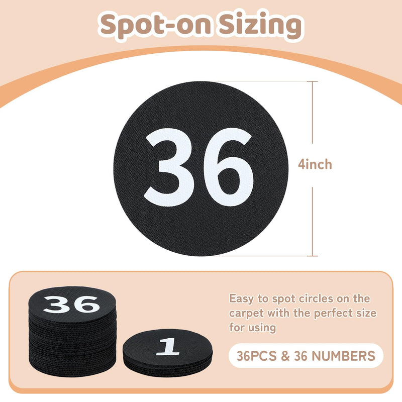 [Australia - AusPower] - 36 Pack Black Carpet Floor Circle Sit Markers with Numbers 1-36, Classroom Spot Markers for Teachers, Students, Kids - 4 Inch Floor Dots for Home, Elementary, Preschool 