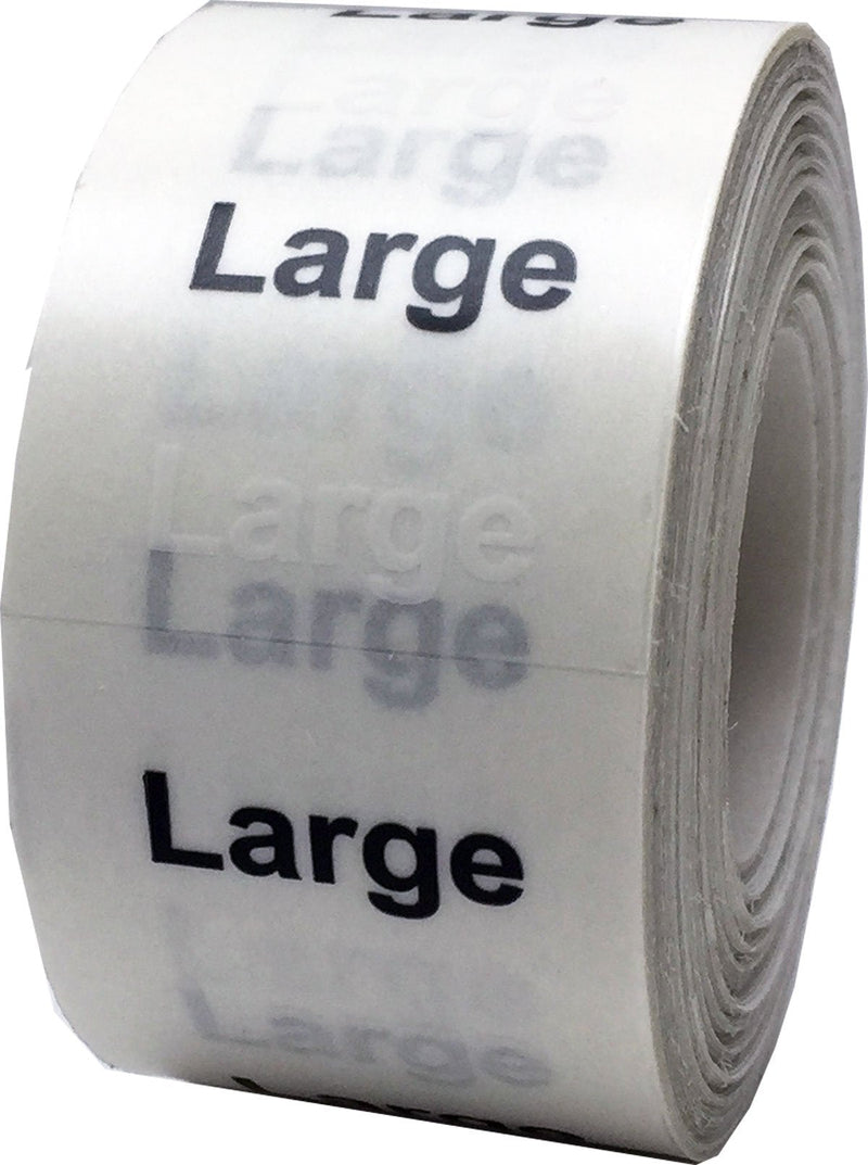 Large Modern Clothing Labels – Clear Size Strip Stickers with Black and White Text, 1.25 x 5 Inch Adhesive Labels, 125 Total Stickers for Retail Apparel, Organization, and Inventory – Made in the USA