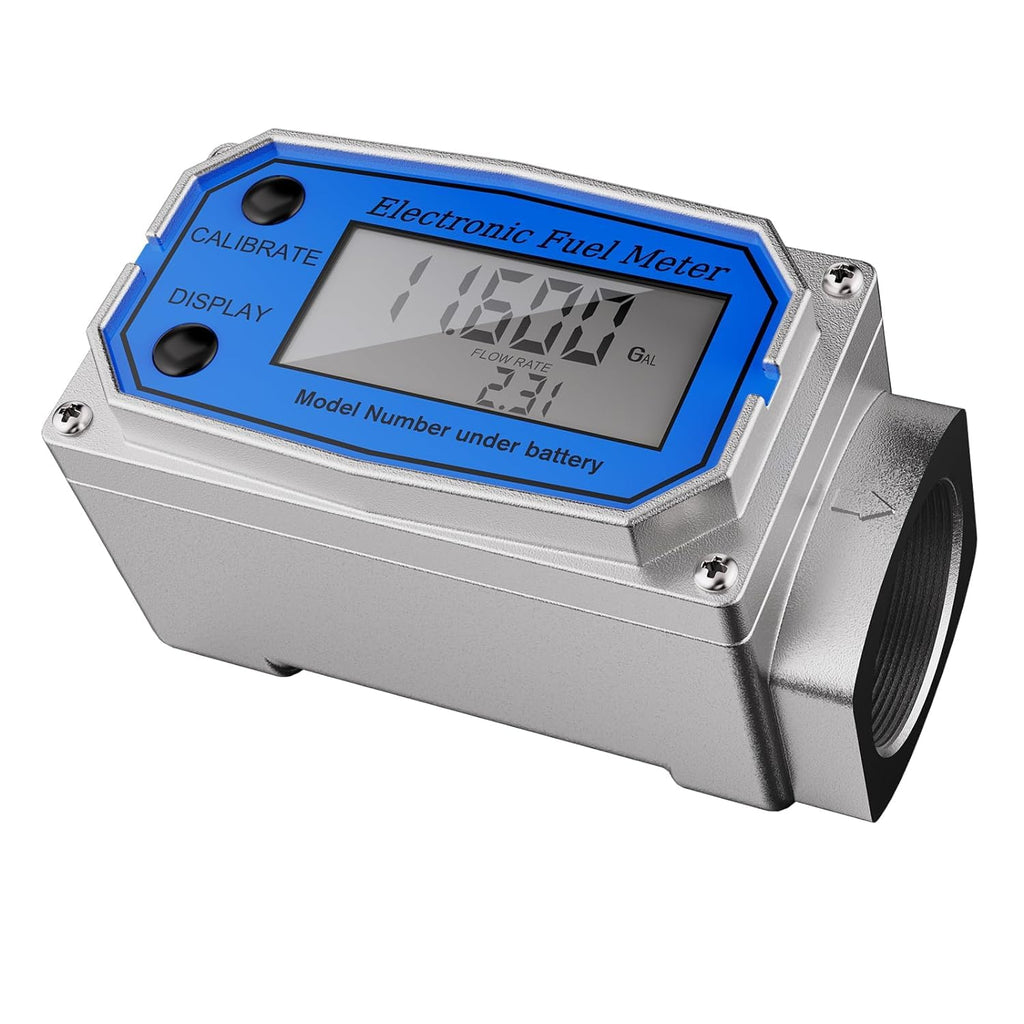 Fuel Meter 3/4 Inches, Digital Turbine Fuel Flow Meter 2.5-31 GPM Aluminum Alloy Engineered, Industrial Grade Fuel Transfer Meter for Water, Diesel, Gas Oil, Gasoline, Supports Gallon, QTS, PTS, L, m³ 3/4 inch Silver