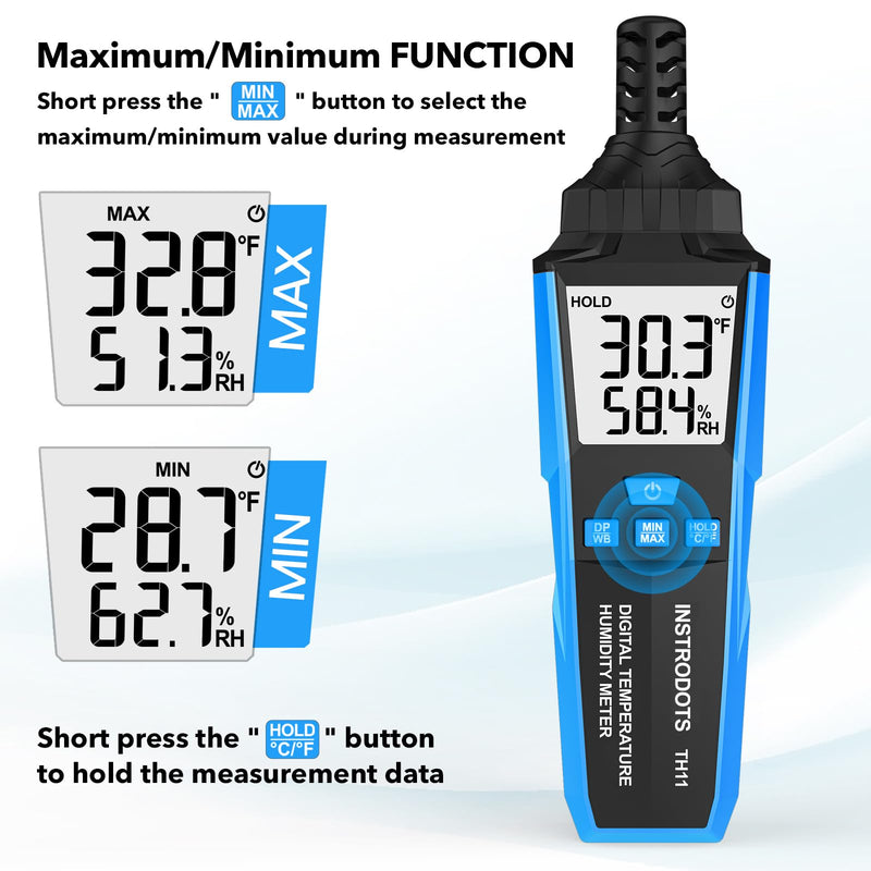 Temperature Humidity Meter, High Precision Digital Hygrometer with Ambient, Dew Point, Wet Bulb Temperature for Indoor Outdoor, Thermometer with Min/Max, Data Hold, LCD Backlight, TH11 Blue