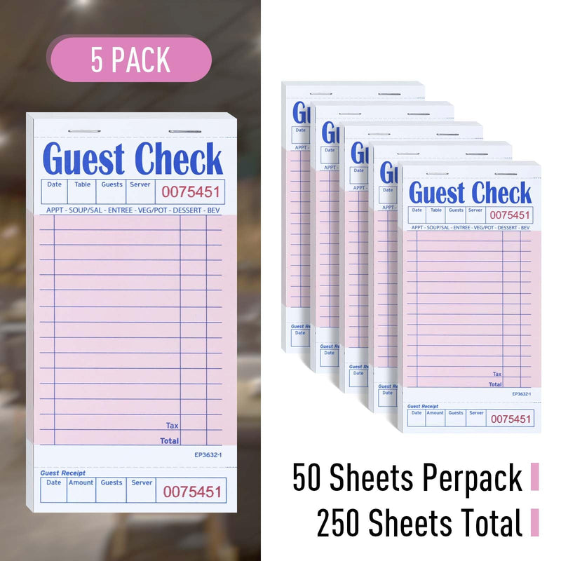 [Australia - AusPower] - Server Guest Checkbook, 5 Pack EP-3632-1 Server Note Book, Thick Server Paper with Guest Receipts, Waitress Notepads - 250 Orders Total (Pink, 6.75" x 3.5") 5 Pack--Pink 