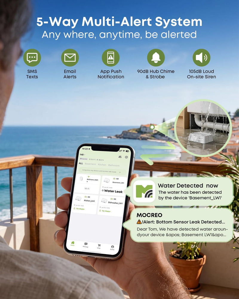 [Australia - AusPower] - MOCREO WiFi Water Leak Detector Kit, 2000ft Long Range, SMS App Email Alerts, 105dB Adjustable Alarm, Leak Severity Tracking, 5-Year Battery Life, IP67 Water Leak Sensor for Basement Kitchen Bathroom 
