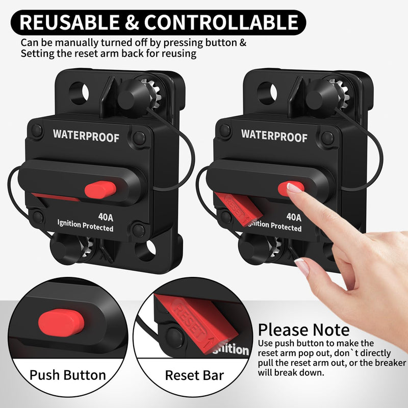 [Australia - AusPower] - DaierTek 40 Amp Marine Circuit Breaker 12V DC Waterproof Manual Reset 40A Inline Breaker Switch for Car Truck Rv Boat -2Pack CB-03-40A 