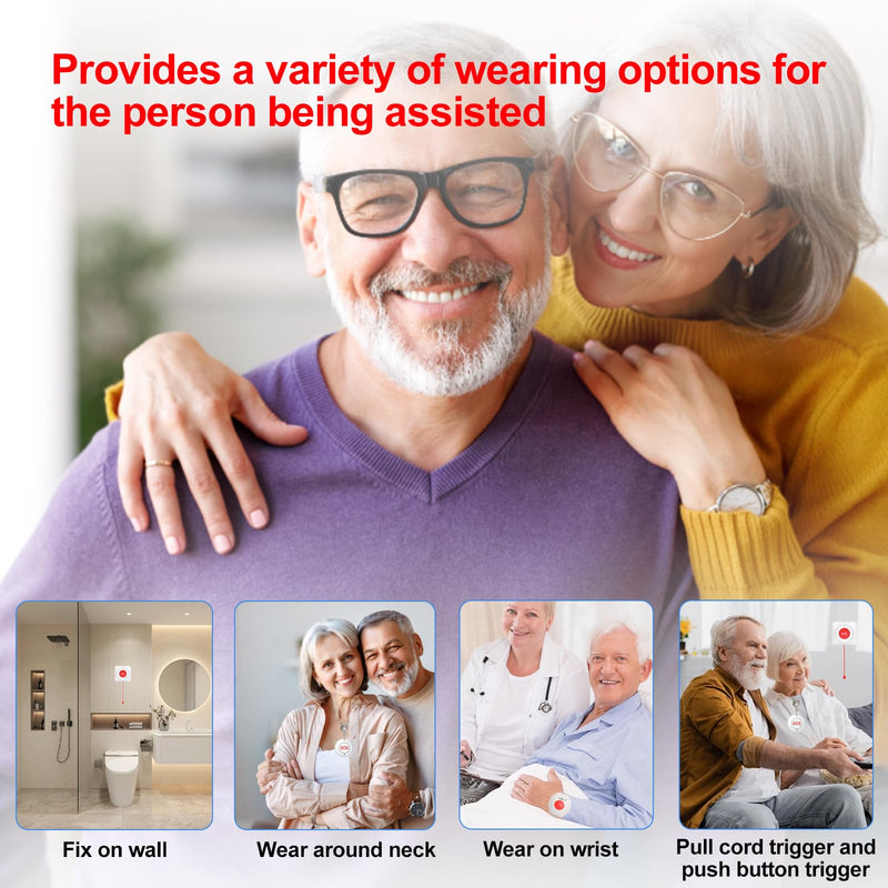 XUK Wireless Caregiver Pager Smart Call System for Elderly Monitoring SOS Alert System Portable Alarm with 1 SOS Call Panic Buttons & 1 Watch Pagers & 1 Square Pull Cord Pagers, 500+Feet 1 Receivers 1*Set of four styles(4 pieces total)