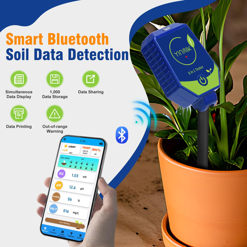 [Australia - AusPower] - YINMIK pH Moisture Meter Smart Soil Test Kit Garden pH Meter Hygrometer pH Conductivity Meter for Hydroponic 8 in 1 Farm pH Moisture pH Moisture EC Fertility Salt Sunlight Air Humidity Temp Tester 8 in 1 Soil pH meter 