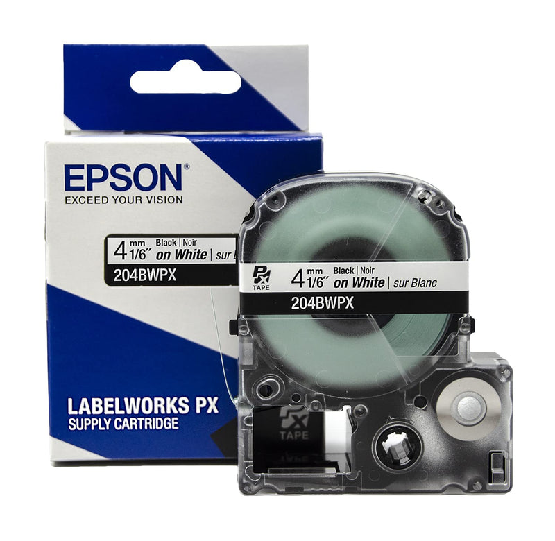[Australia - AusPower] - Epson LABELWORKS 204BWPX Genuine PET (Polyester) Tape Cartridge- Black on White Label Maker Tape - 1/6" (4MM) Wide, 30' 