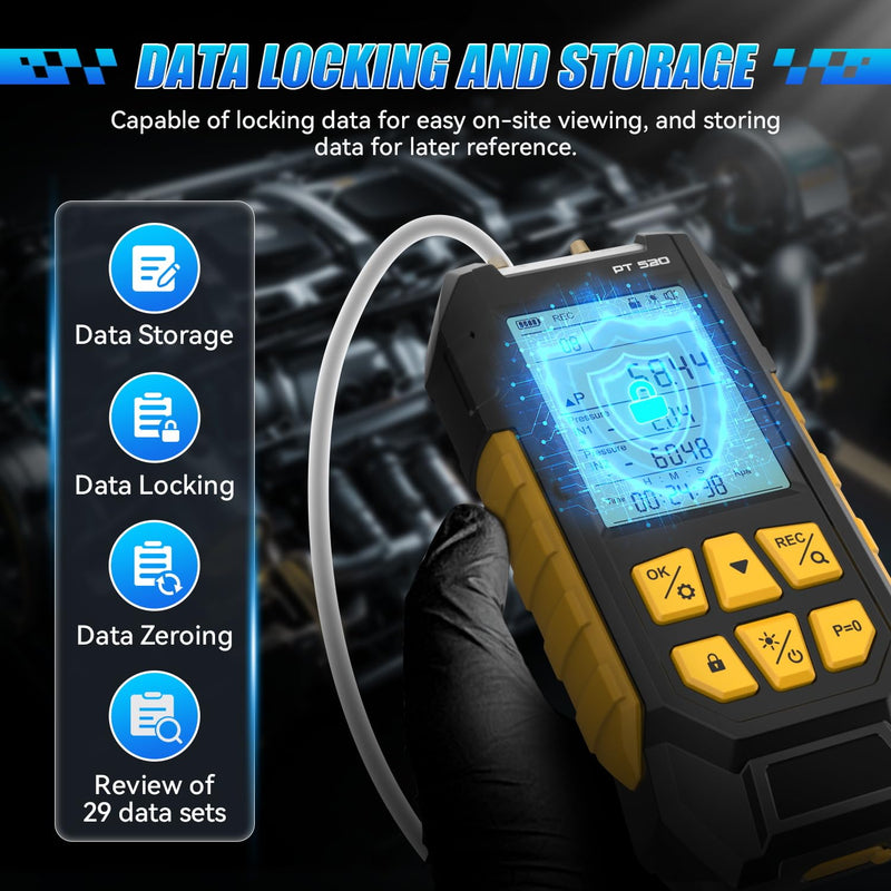 [Australia - AusPower] - PT520 Digital Manometer,HVAC Manometer,Manometer Gas Pressure Tester,-100 to 200Kpa Measurement Range,10 Pressure Measurement Units,Data Locking&Storage 
