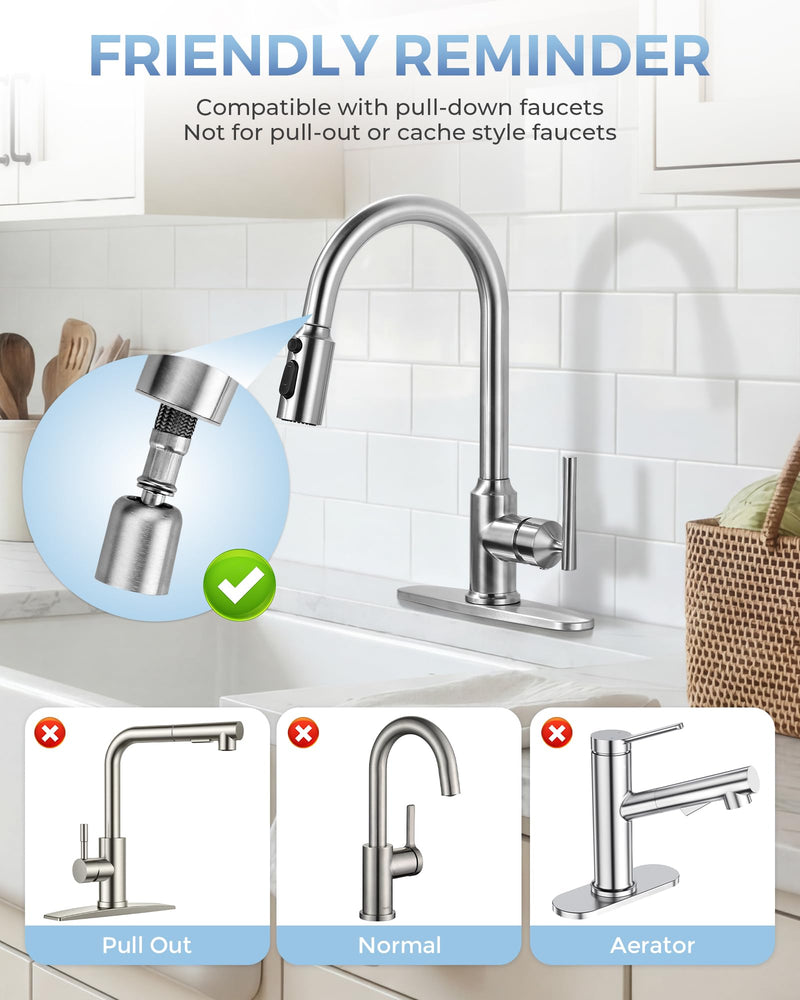[New Upgrade] iVIGA Pull Down Faucet Sprayer Head Replacement, Stainless Steel Brushed Nickel 3 Function Pull Out Spray Nozzle with 9 Adapters for Moen Kohler Delta G1/2 Male Connector Faucet