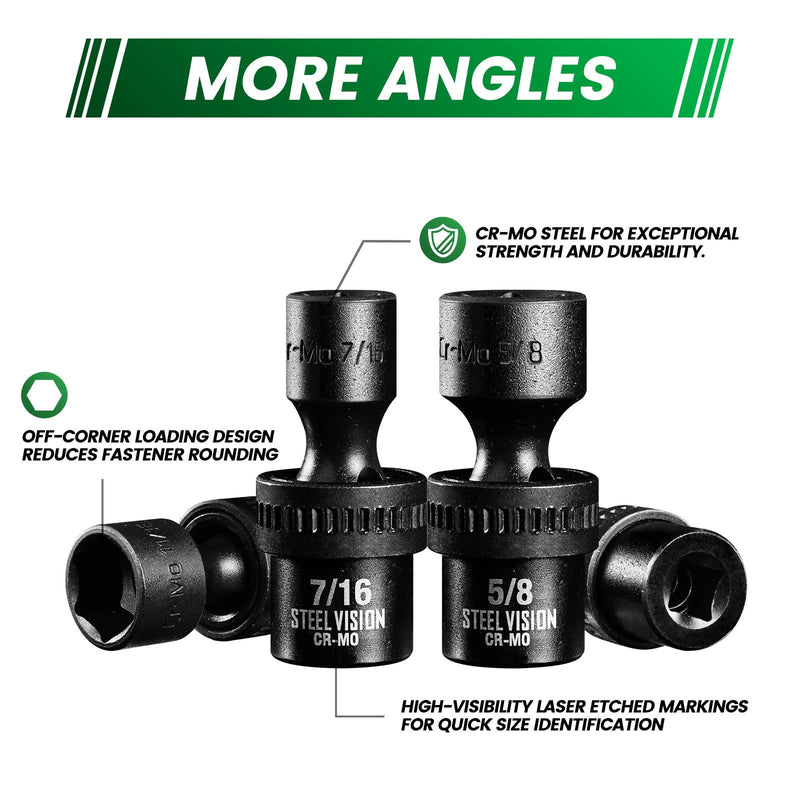 7PCS 3/8" Drive Impact Swivel Socket Set, 3/8-3/4 in Universal Swivel Sockets ，6-Point, SAE,Cr-Mo, Wobble Socket, Universal Joint Socket Set 3/8" SAE