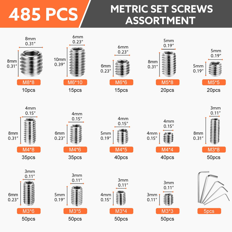 [Australia - AusPower] - 485 Pcs 14 Size Set Screw Assortment Kit M3/M4/M5/M6/M8 Head Socket Hex Metric Set Screws Assortment Kit 304 Stainless Steel Cup-Point Screws 