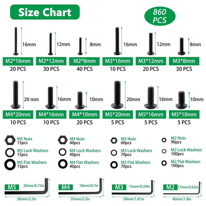 [Australia - AusPower] - 860PCS Metric Screw Assortment Kit, M2 M3 M4 M5 Machine Screws with Lock & Flat Washers, 10.9 Grade Alloy Steel, Metric Hex Button Head Cap Nuts and Bolts Assortment Kit with 4 Wrenches 860PCS Hex Button Head 