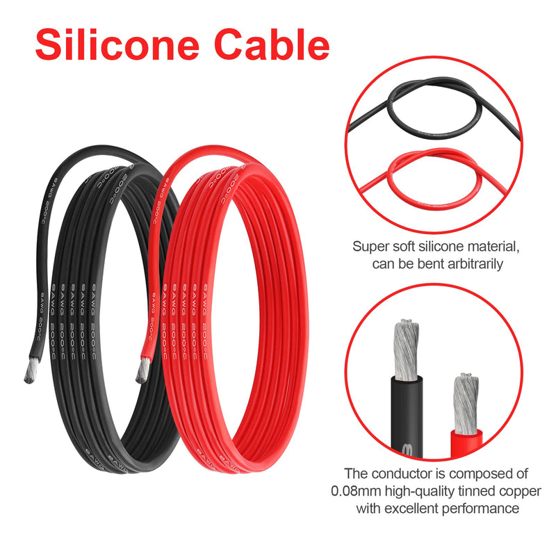 8 AWG Gauge Silicone Wire Electrical Cable?10ft red &10ft Black? Soft & Flexible 0.08 mm Tinned Copper core High Temperature Resistant Silicone Wire for Arduino Projects, RC Cars, Boat, Drones etc. 8 AWG 10ft Red+10ft Black