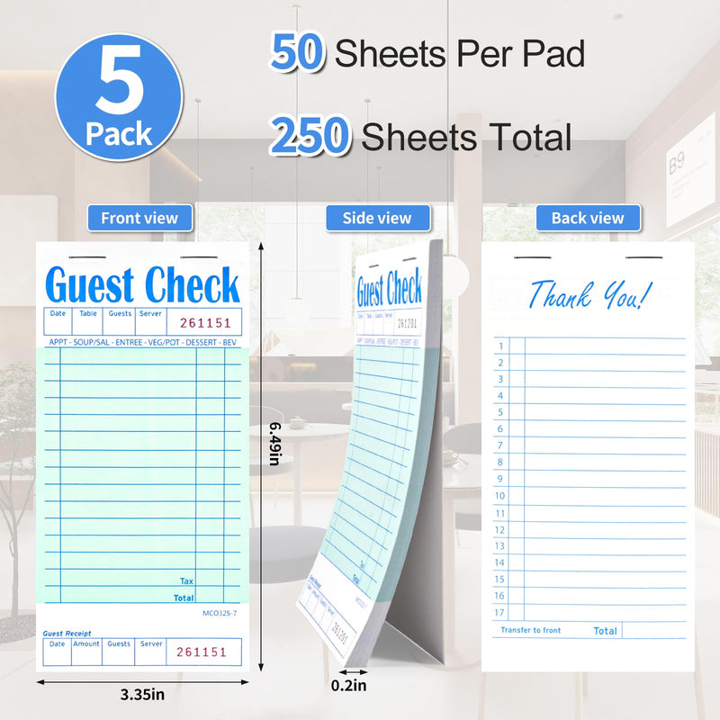 [Australia - AusPower] - 5 Pack Guest Check Books, Server Note Pads for Restaurant, Green Waiter Checkbook, Waitress Notepad, Food Receipt Book, Restaurant Order Pad 50 Sheets/Pack, 250 Total Tickets 